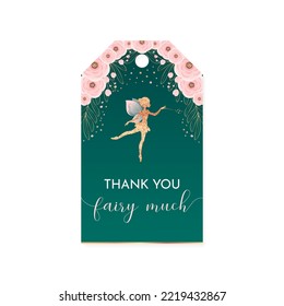 Birthday Thank you tag. Beautiful party favor card background with gold sparkling fairy silhouette and flowers. Vector 10 EPS.