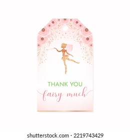 Birthday Thank you tag. Beautiful party favor card background with gold sparkling fairy silhouette and flowers. Vector 10 EPS.
