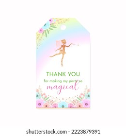 Birthday Thank you tag. Beautiful party favor card background with gold sparkling fairy silhouette, rainbow and flowers. Vector 10 EPS.