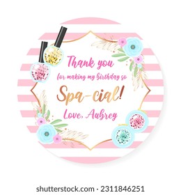 Birthday Thank you tag. Beautiful spa party favor card background decorated with makeup products. Vector illustration 10 EPS.