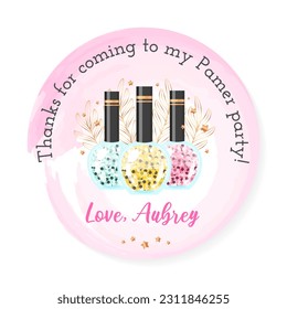 Birthday Thank you tag. Beautiful spa party favor card background decorated with makeup products. Vector illustration 10 EPS.