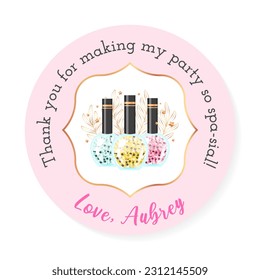 Birthday Thank you tag. Beautiful spa party favor card background decorated with makeup products. Vector illustration 10 EPS.