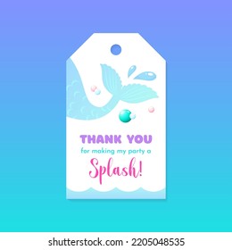 Birthday Thank You Tag. Cute Party Favor Card Background Decorated With Of Mermaid Tail. Vector 10 EPS.