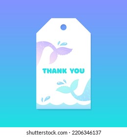 Birthday Thank you tag. Cute party favor card background decorated with of mermaid tail. Vector 10 EPS.