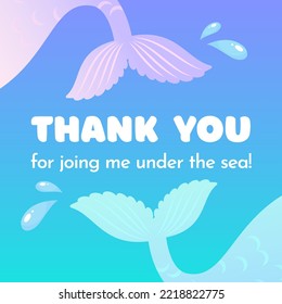 Birthday Thank you tag. Cute party favor card background decorated with of mermaid tail. Vector 10 EPS.