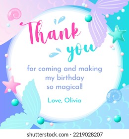 Birthday Thank you tag. Cute party favor card background decorated with of mermaid tail. Vector 10 EPS.