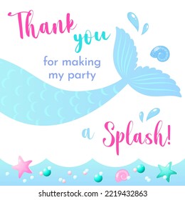 Birthday Thank you tag. Cute party favor card background decorated with of mermaid tail. Vector 10 EPS.