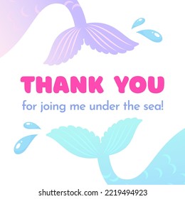 Birthday Thank you tag. Cute party favor card background decorated with of mermaid tail. Vector 10 EPS.