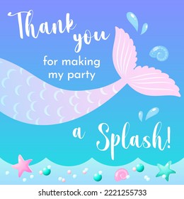 Birthday Thank you tag. Cute party favor card background decorated with of mermaid tail. Vector 10 EPS.