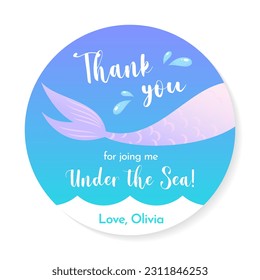 Birthday Thank you tag. Cute party favor card background decorated with of mermaid tail. Vector 10 EPS.