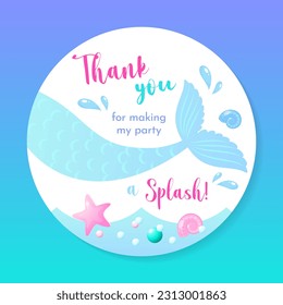 Birthday Thank you tag. Cute party favor card background decorated with of mermaid tail. Vector 10 EPS.