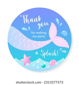 Birthday Thank you tag. Cute party favor card background decorated with of mermaid tail. Vector 10 EPS.