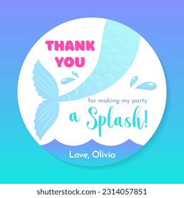 Birthday Thank you tag. Cute party favor card background decorated with of mermaid tail. Vector 10 EPS.