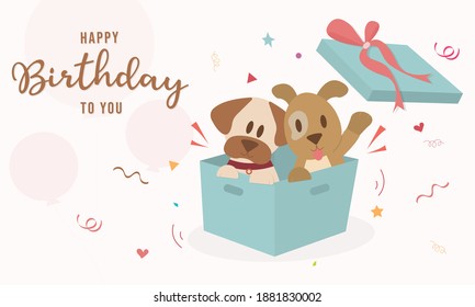 Birthday theme The character of a cute dog sitting in the gift box flat vector style. Cute Dog Smiling in Box. dog open the gift box .Homeless cute puppies searching new home. Birthday party.