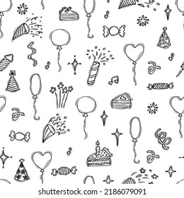 Birthday theme. Hand drawn party seamless pattern. Cute doodle background. Happy Birthday. Vector illustration