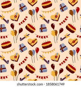 birthday theme seamless pattern. Colorful detailed, with lots of objects vector background