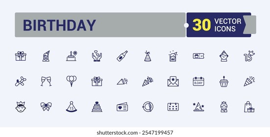 Birthday thin line icon set. Related to celebrate, holiday, confetti, wine, blowing, entertainment, anniversary and more. Thin linear style icons. Solid line editable stroke.