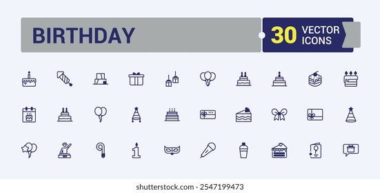 Birthday thin line icon set. Related to celebrate, holiday, confetti, wine, blowing, entertainment, anniversary and more. Thin linear style icons. Solid line editable stroke.