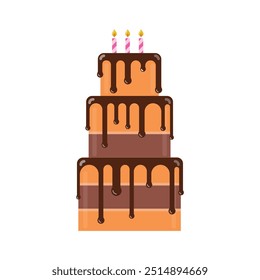 Birthday three tier cake with cream decoration and three candles on top. Party cake festival symbol icon. Vector illustration.