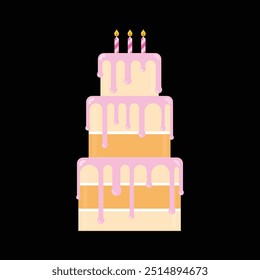 Birthday three tier cake with cream decoration and three candles on top. Party cake festival symbol icon. Vector illustration.