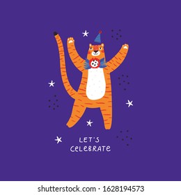 Birthday tiger flat vector illustration with typography