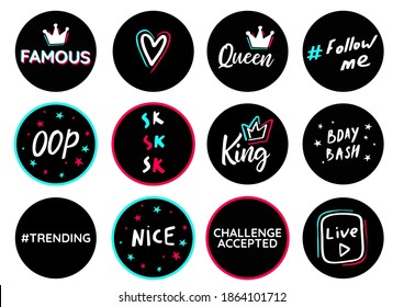 Birthday topper round circle shape. Youth teens party props. Modern glitch social media birthday celebration design. Icon fashion photo booth. Black blue pink sticker on white background.