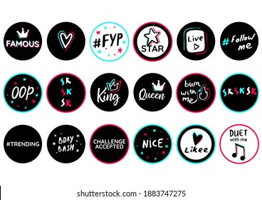 Birthday topper round circle shape. Youth teens party photo booth props. Modern social media birthday celebration design. Black blue pink sticker on white background.