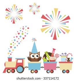 Birthday toy train with owl and sweets