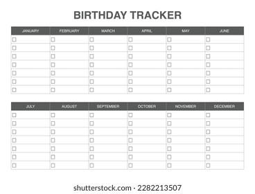 Birthday tracker template, monthly calendar printable