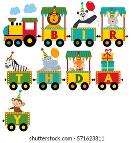 birthday train with characters - vector illustration, eps
