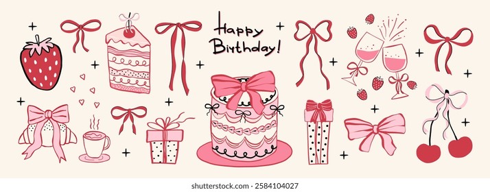 Birthday trendy festive elements set for party, poster, banner, wedding invitation, birthday card, celebrate. Bows, ribbons, frames, strawberry, cherry. Hand drawn vector illustration.
