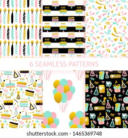 Birthday Trendy Seamless Patterns. Vector Illustration of Greeting Background.