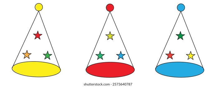 Birthday triangle hat, colored pattern and star, icon vector illustration.