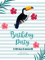 Birthday Tropical Invitation Card With Toucan And Flowers