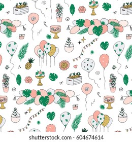 Birthday with tropical palm leaves decoration vector pattern.