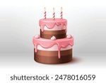 Birthday two tier cake with chocolate biscuit layers, pink icing, cream decoration and three candles on top. Realistic 3d vector of b-day and anniversary party and congratulation sweet dessert.