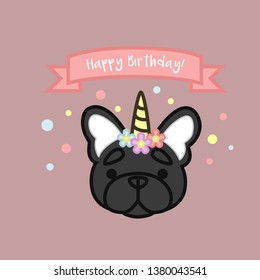 Birthday Unicorn Black and White Coat French Bulldog with Banner Cartoon Vector Illustration