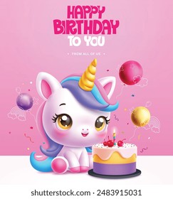 Birthday unicorn character vector design. Happy birthday greeting text with cute unicorn character, cake and balloons decoration elements for kids invitation card background. Vector illustration 