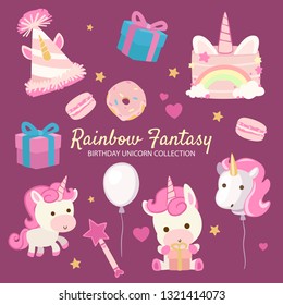 Birthday unicorn collection with gift box, party hat and balloons