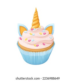 Ilustración vectorial de cupcakes de unicornio de cumpleaños. Caricatura aislada de muffin dulce en taza de papel, cuerno mágico, dulces y orejas de unicornio personaje de fantasía decorado crema batida, quequito de hadas para niños