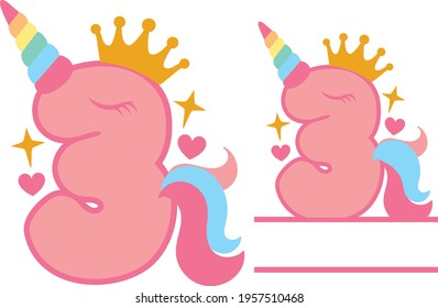 Birthday Unicorn Number 3 - Unicorn Monogram design