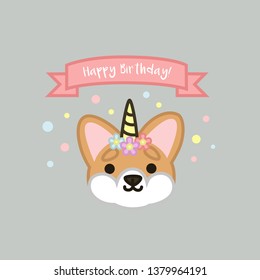 Birthday Unicorn Pembroke Welsh Corgi with Banner Cartoon Vector Illustration