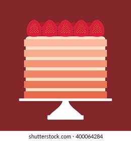 Birthday, valentine's day, wedding, engagement. Sweet cake, strawberry cream, Cake Stand, pastel colors on brown background. Vector