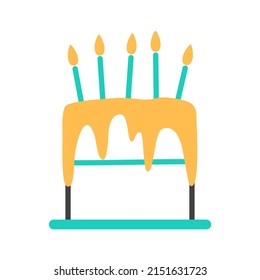Birthday vanilla cake with color burning candles. Festive flat line icon isolated on white background. Frosted tasty buttercream object for birthday party celebration design Pastry vector illustration