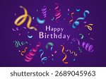 Birthday vector background with colorful confetti and serpentine ribbons isolated on dark backdrop at the center. Greeting text sign. Festive illustration in flat modern simple style.