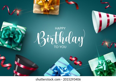 Birthday vector background design. Happy birthday to you text with gift boxes, party hats and shiny confetti elements for birth day celebration greeting card decoration. Vector illustration
