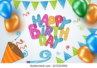 Birthday vector background design. Happy birthday text in hand drawing with pennants and balloons celebrating elements for kids birth day party greeting messages. Vector illustration.
