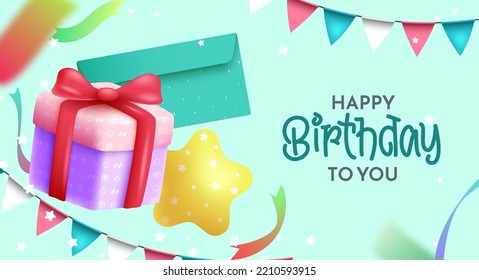 Birthday vector background design. Happy birthday greeting text with gift box, star, envelope and pennants surprise elements for invitation card decoration. Vector Illustration. 
