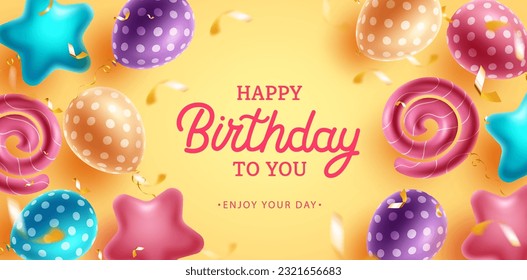 Birthday vector background design. Happy birthday to you text with colorful flying balloons in shape and pattern elements for fun and playful birth day party messages. Vector illustration.
