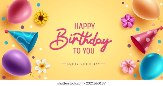 Birthday vector background design. Happy birthday text with party elements of balloons and party hat in yellow space for birth day card. Vector illustration.
